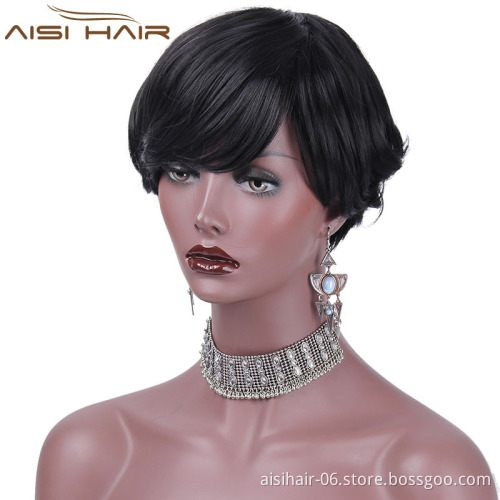 Synthetic Short Wavy Pixie Cut Wig With Bangs Natural Black Color Heat Resistant Fiber Wigs For African American Women